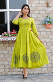 Hand Block Printed Black and Gold Anarkali Kurti in Rayon fabric with three-quarter sleeves, available in sizes S-XXXL. Traditional Indian party wear design for women's kurti set