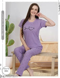 Purple hosiery cotton printed half sleeve T-shirt and pajama pants nightsuit set for ladies, featuring short sleeves and printed pattern. Single piece available in sizes M, L, XL, XXL, originating from India