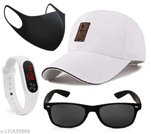 Self-design cotton baseball cap combo with black wayfarer sunglasses and white LED band, black mask - Indian special offer set for men and boys
