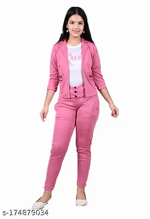 Cotton blend kids' partywear dress set in pink, featuring a trendy 3/4 sleeve koti, stretchable full-length pants, and printed t-shirt. Indian origin