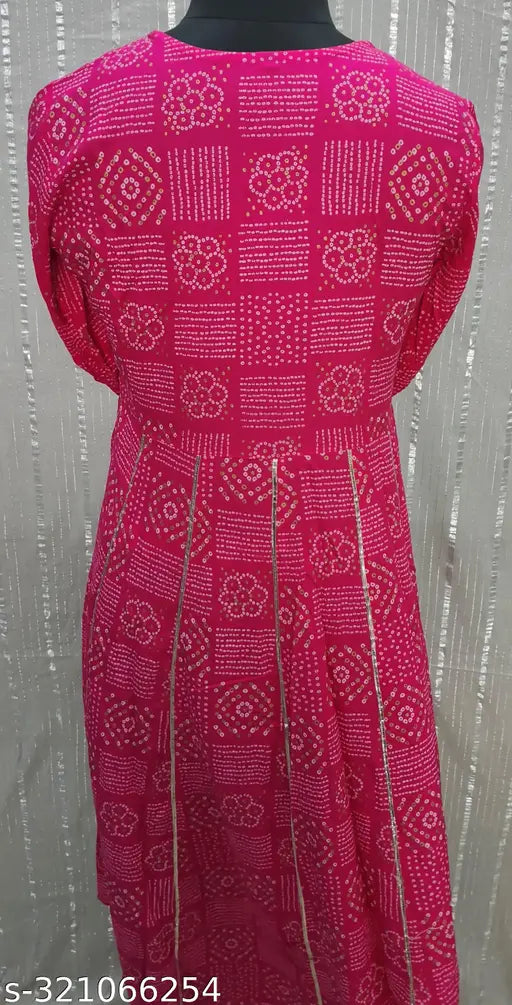 Rayon Bandej print flared kurta with three-quarter sleeves, vibrant Indian fashion