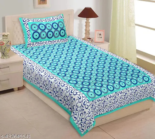 Jaipuri Printed 100% Cotton Single Bed Sheet combo pack, trendy botanical design, 2 bed sheets & 2 pillow covers, superfine for adult use, ideal for mild winter seasons