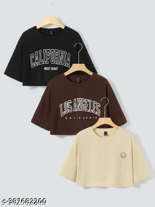 3pc Letter Graphic DropShoulder cotton blend crop top, short sleeves, printed net design - S, M, L, XL, hand-wash/machine wash instructions printed on neck label