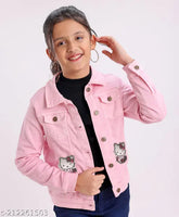 Pink girls' denim jacket with solid full sleeves and soft hair, perfect for 5-6 year olds