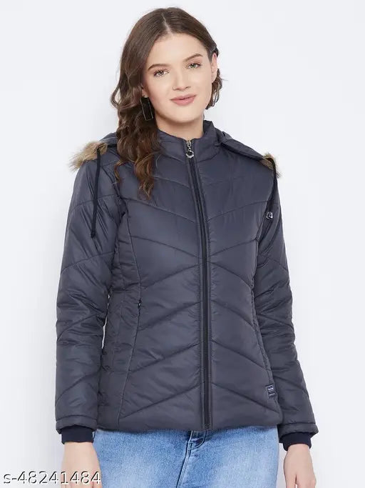 Navy polyester women's parka jacket, solid design with detachable faux fur hood, 3 pockets - Vero Amore winter wear from India
