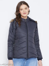 Navy polyester women's parka jacket, solid design with detachable faux fur hood, 3 pockets - Vero Amore winter wear from India