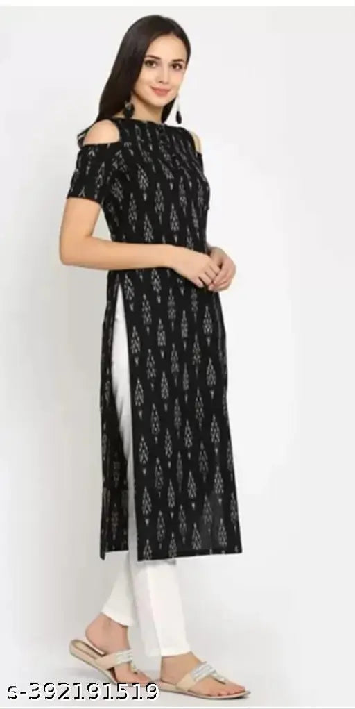 Black rayon kurti palya31, three-quarter sleeve, printed combo on busty woman