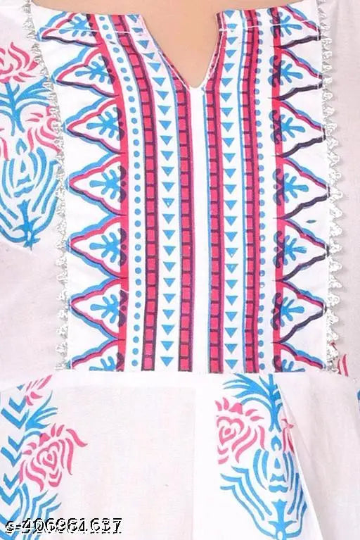 White rayon A-line palazzo top with printed three-quarter sleeves for kids, sizes 3-4 years to 15-16 years. Indian traditional clothing without dupatta