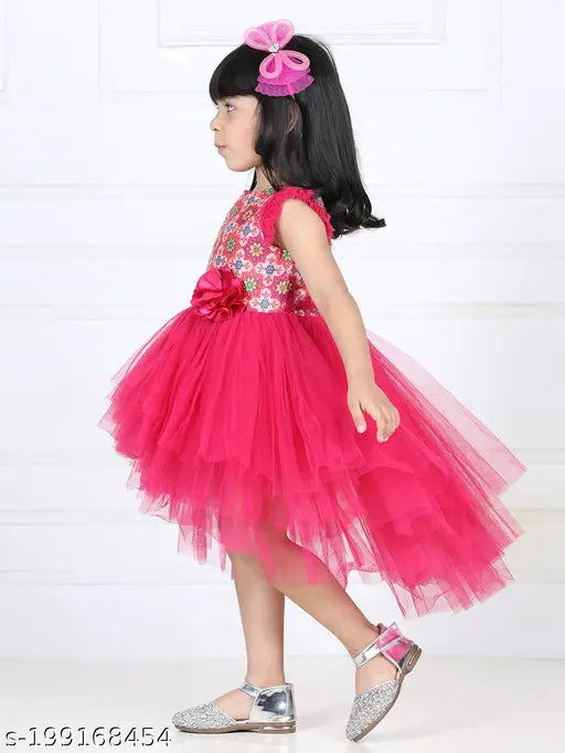 Magenta net High-Low dress for girls party wear, printed toy balloon motif