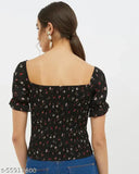 Harpa black floral print puff short sleeve top, polyester with square neck, printed net regular top, size S-XL from India