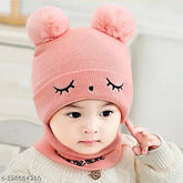 Woolen beanie cap warmer set, solid color for kids aged 1-6, Indian knit winter hat with pompom