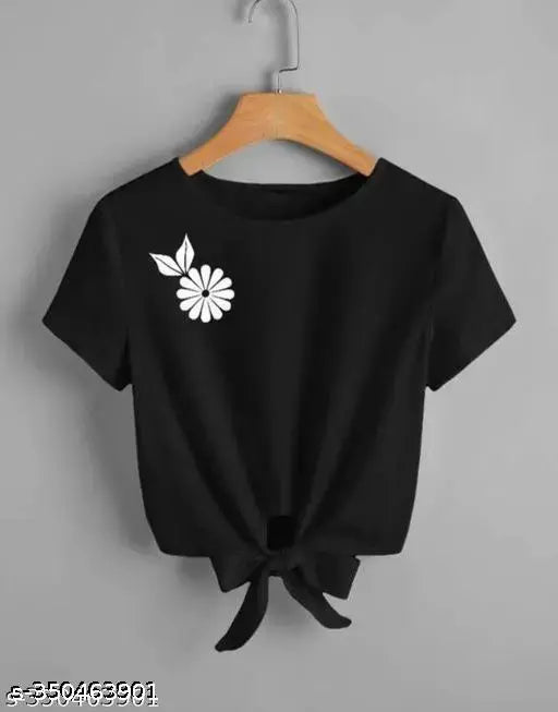 Black Lycra crop top with side flower print for women, short sleeves and fitted body