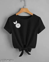 Black Lycra crop top with side flower print for women, short sleeves and fitted body