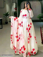 Red floral print Georgette A-line gown with long sleeves, Indian-made partywear for women