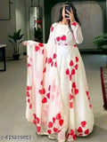 Red floral print Georgette A-line gown with long sleeves, Indian-made partywear for women