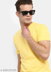 Yellow cotton blend round neck t-shirt, short sleeves, solid design. Men's size M (38" chest, 26" length), L (40" chest, 27" length), XL (42" chest, 28" length). High-quality eco-friendly print on soft and comfortable fabric. Great for summers and autumn seasons. Made in India