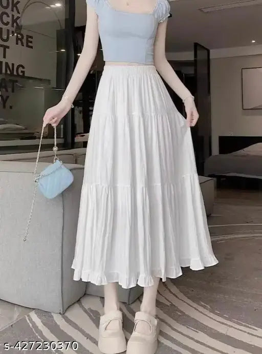 White rayon skirt, comfortable and attractive, full bottom, 100% Rayon, size 24 (waist 12in, length 36in, hip 52in)