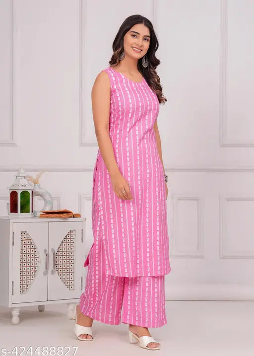 Striped viscose rayon kurta palazoo set for couples, sleeveless and stylish Indian wear