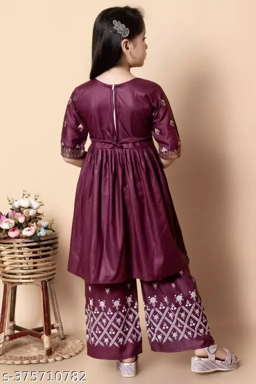 Maroon rayon print Naira cut Kurta and Palazzo set for girls - RAHUL MULLICK