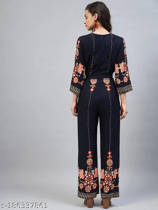 Black rayon floral v-neck jumpsuit with three-quarter sleeves, printed pattern, and Indian origin