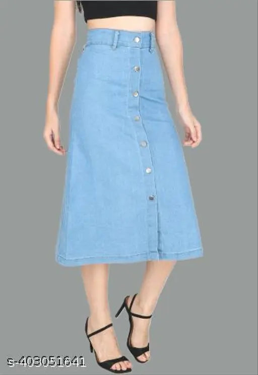 Blue denim A-line skirt, 100% cotton with elasticated waistband and front slit, ideal for casual lite. Made by GENEALO in India (size 28, 30, or 32)
