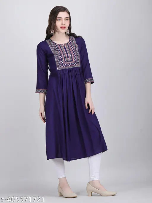Rayon women's embroidered long summer kurti for parties and festivals, solid pattern