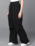 Black polyester baggy cargo pants, solid net, versatile fit for XS to XXXL sizes