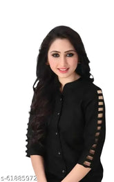 Solid crepe, three-quarter sleeve low range tunic shirt in white and black, XS-XXL. Women's fashion top with inner shirt combo pack