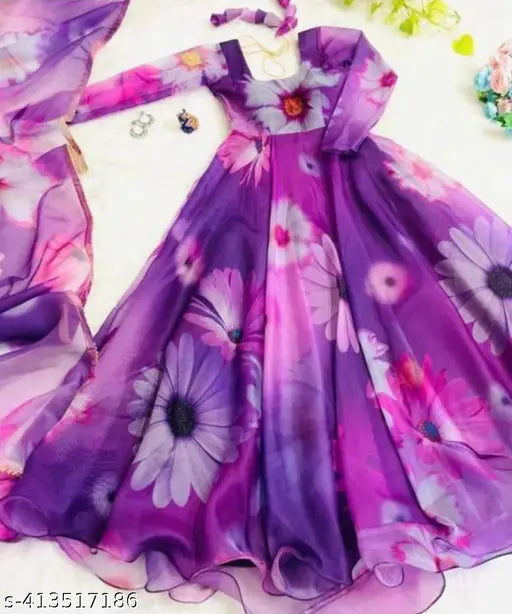 Purple georgette long-sleeve printed flower gown for women party wear, featuring round neck and mill print with duppata. Indian fabric