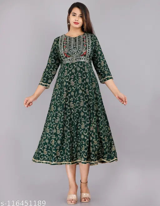 Gold-printed rayon anarkali kurti with sequin embroidery, three-quarter sleeves, suitable for M (38in bust, 48in length), L (40in bust, 48in length), XXL, 4XL. Indian traditional women's fashion