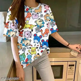 Oversized women's Lycra t-shirt, printed net pattern with trendy color combo for casual look, pairs well with jeans or leggings. Long lasting quality fabric. Made in India