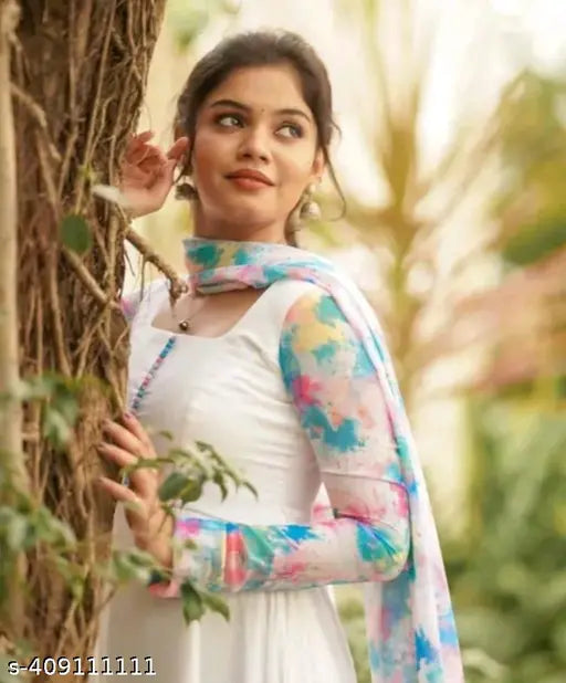 White georgette kurti with printed combo, long sleeves, pastel shades, India
