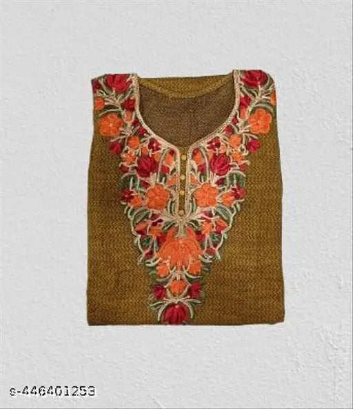 Mustard yellow Kashmiri embroidery woolen phiran kurta with long sleeves, intricate Indian craftsmanship on display