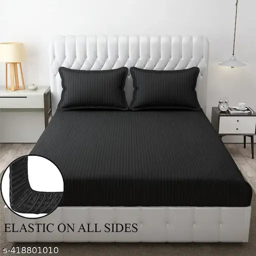 Premium glace cotton dark grey/black satin stripe fitted bedsheet with 2 pillow covers - stain-resistant, breathable, and hypoallergenic, ideal for summer use at home or hotels
