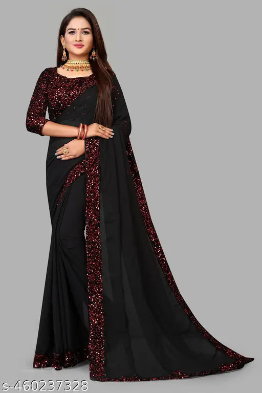 Black georgette sequin saree with embroidered net blouse, free size, India-origin