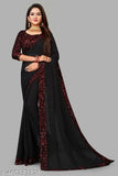 Black georgette sequin saree with embroidered net blouse, free size, India-origin