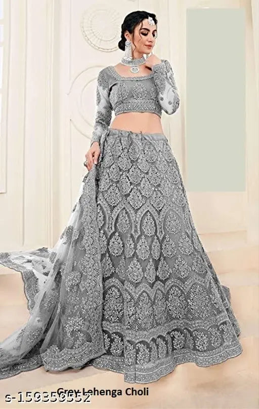 Embroidered Chikankari party lehenga set, net fabric, floral embroidery, semi-stitched for women, India