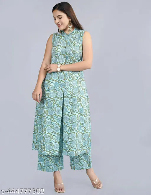 Green cotton kurta palazzo with sleeveless cut and printed net pattern. Women's single piece in sizes S to XXL from India