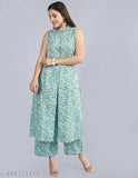Green cotton kurta palazzo with sleeveless cut and printed net pattern. Women's single piece in sizes S to XXL from India