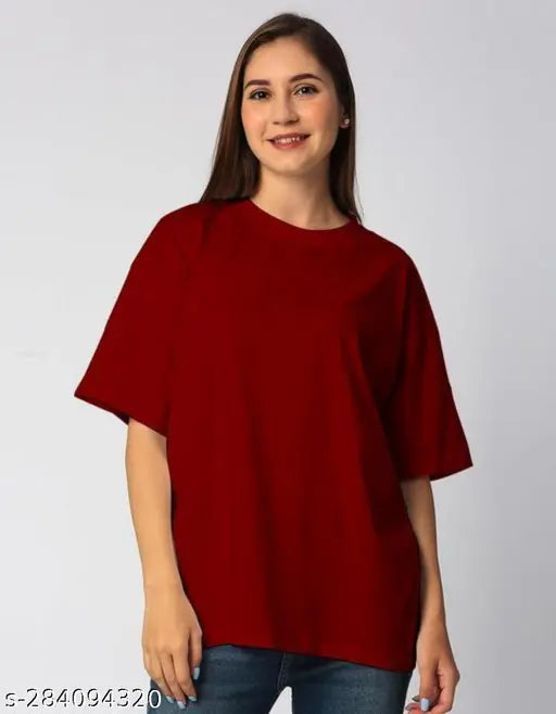 Maroon oversize cotton t-shirt for women, solid plain design