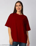 Maroon oversize cotton t-shirt for women, solid plain design