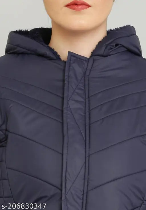 Navy Blue Fur Quilted PU Jacket by M N Fashion - Solid pattern, long sleeves, size S-XL, on hanger