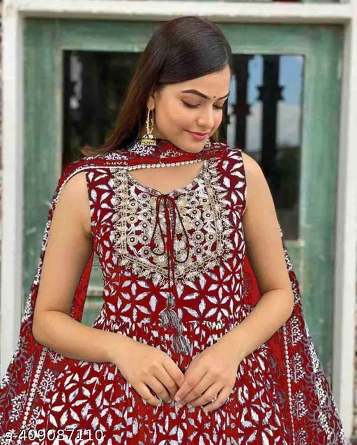 Rayon printed dark maroon kurta with sharara and dupatta set - elegantly designed for festive wear or gifting