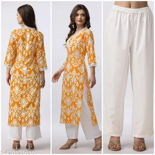 Trendy Rayon Kurti Set with White Cotton Lace Embroidery, intricate design for party wear or casual gatherings, available in multiple sizes, India origin