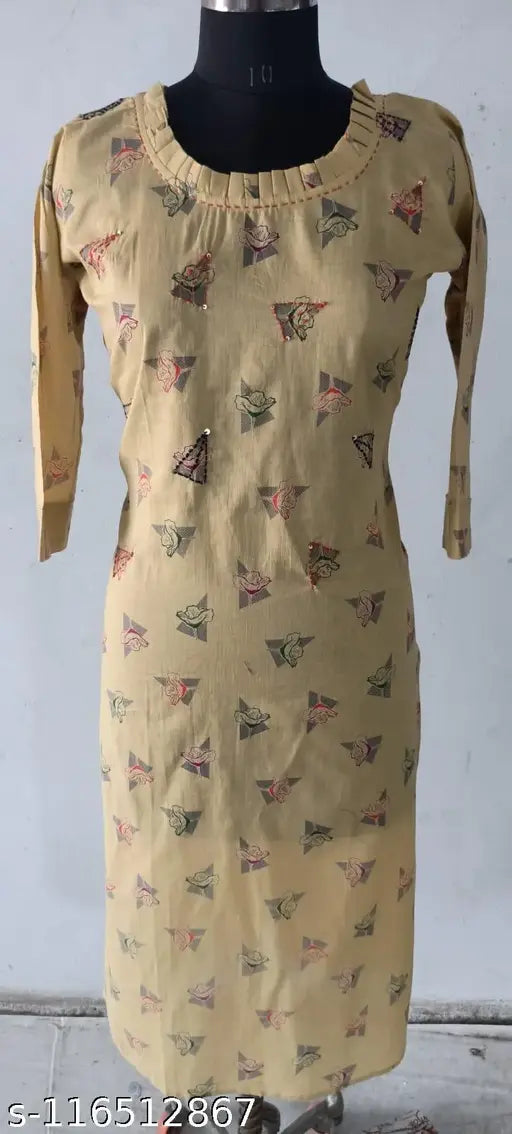 Marron ikaat cotton printed straight kurta with katha work, three-quarter sleeves, rayon fabric, Indian handcrafted clothing on hanger