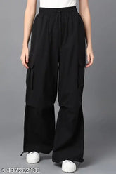 Cotton blend, loose fit women's cargo trousers with 4 pockets and adjustable drawstring bottom - solid color, versatile wear