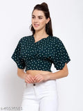 Green white polka dot printed crepe crop top by Style Quotient, short sleeves, polyester fabric
