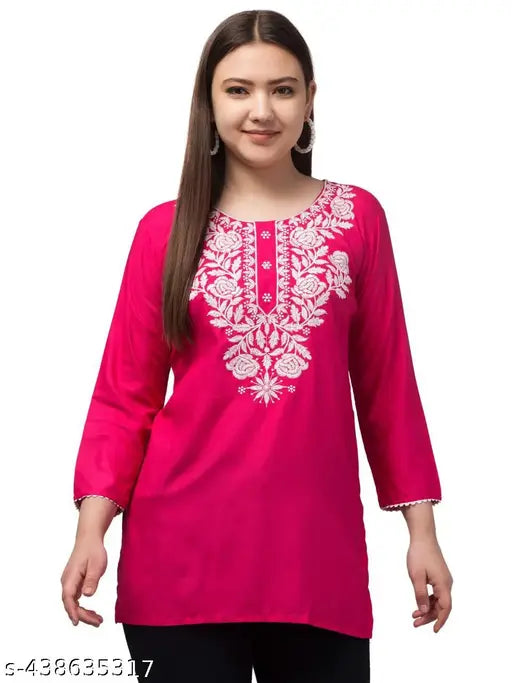 Embroidered rayon short kurti, three-quarter sleeves, Indian traditional top for women sizes XS-XXL