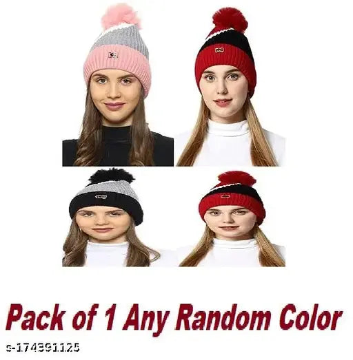 Woolen colorblocked beanie cap, soft and warm for winter, snow-proof Pom Pom with inside fur - PinKit Women's style from India