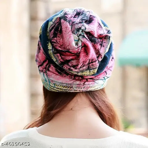 Pink printed ponytail beanie, knitted skull cap for women. Warm winter accessory made of cotton. Cozy and stylish hat, ideal for Fall. Size 56-58CM/22"-22.8". Brand new